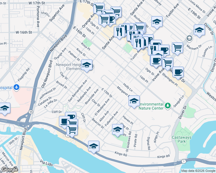 map of restaurants, bars, coffee shops, grocery stores, and more near 621 Gary Place in Newport Beach