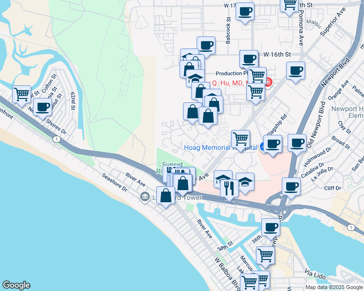 map of restaurants, bars, coffee shops, grocery stores, and more near 1 Barlovento Court in Newport Beach
