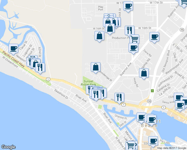 map of restaurants, bars, coffee shops, grocery stores, and more near 17 Land Fall Court in Newport Beach