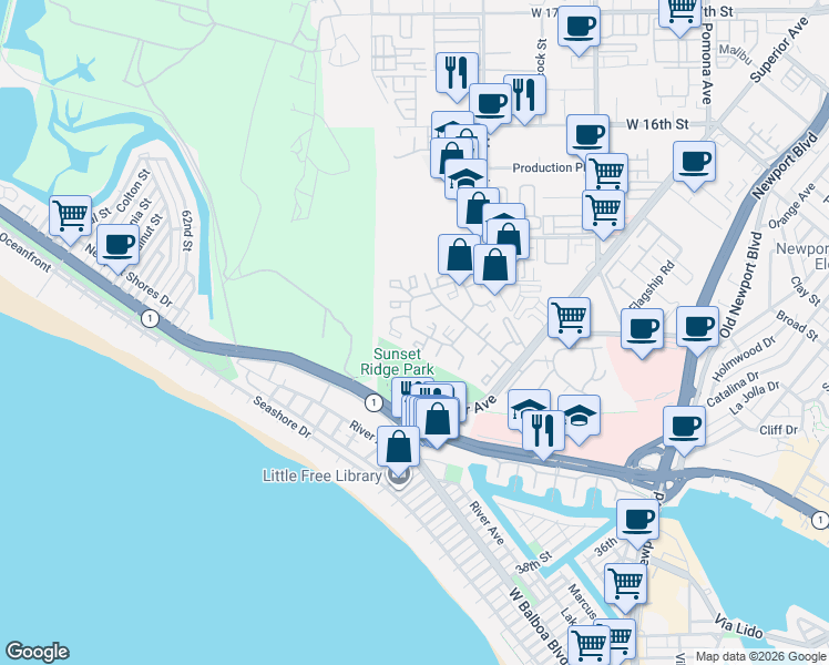 map of restaurants, bars, coffee shops, grocery stores, and more near 17 Land Fall Court in Newport Beach