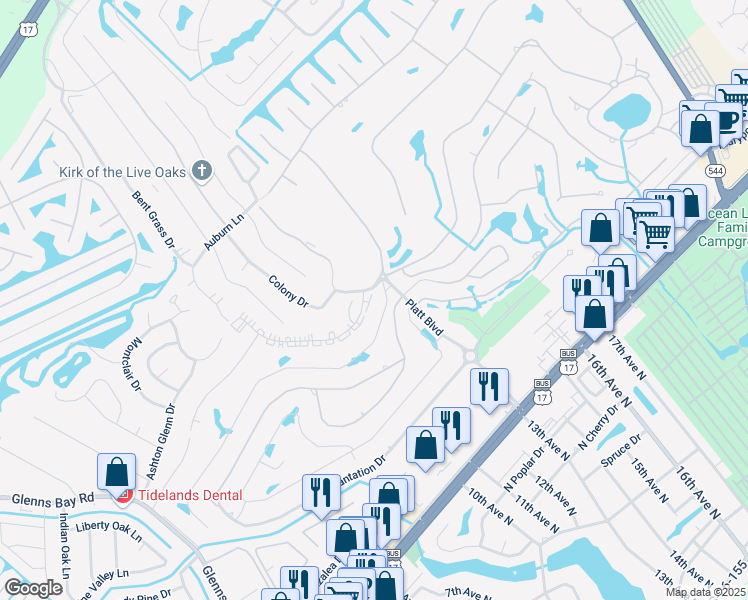 map of restaurants, bars, coffee shops, grocery stores, and more near 203 Plantation Drive in Myrtle Beach