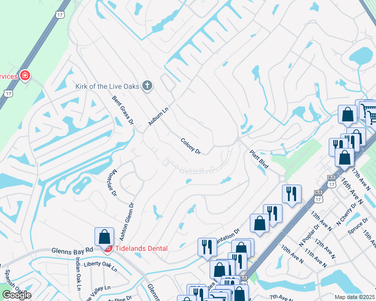 map of restaurants, bars, coffee shops, grocery stores, and more near 2 Colony Drive in Myrtle Beach
