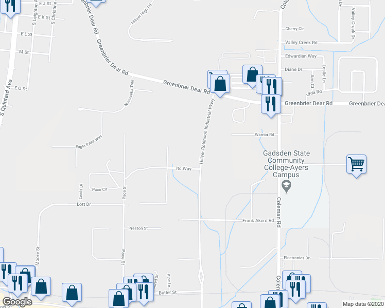 map of restaurants, bars, coffee shops, grocery stores, and more near 1520 Hillyer Robinson Parkway in Anniston