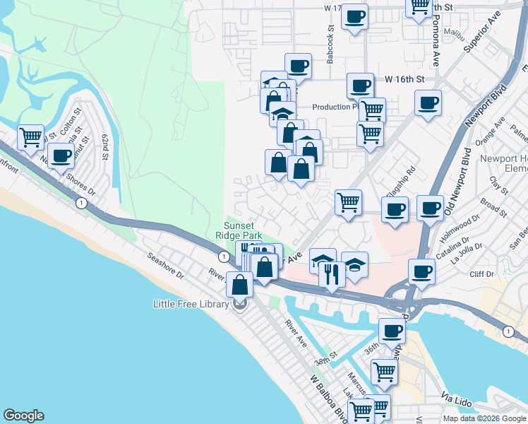 map of restaurants, bars, coffee shops, grocery stores, and more near 26 Odyssey Court in Newport Beach