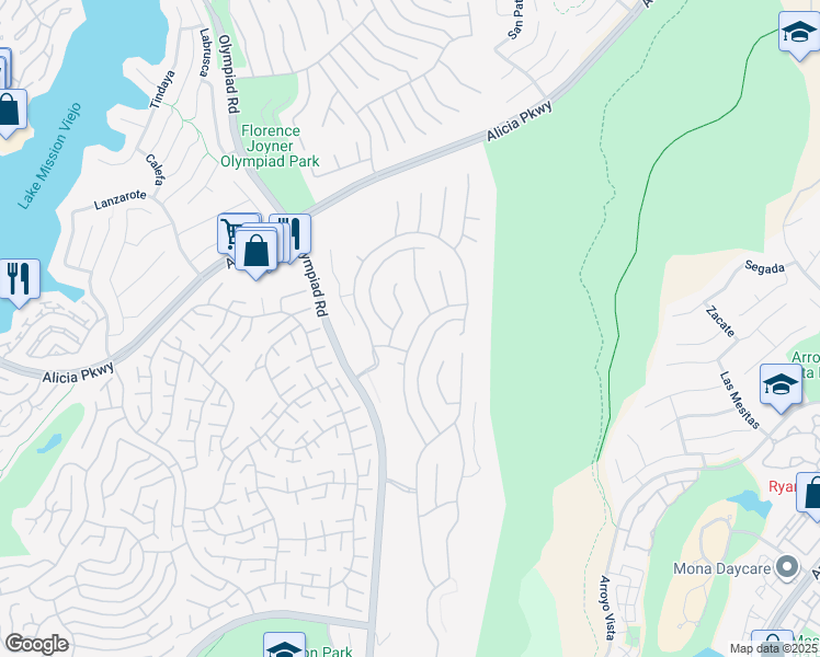 map of restaurants, bars, coffee shops, grocery stores, and more near 23171 Rockrose in Mission Viejo