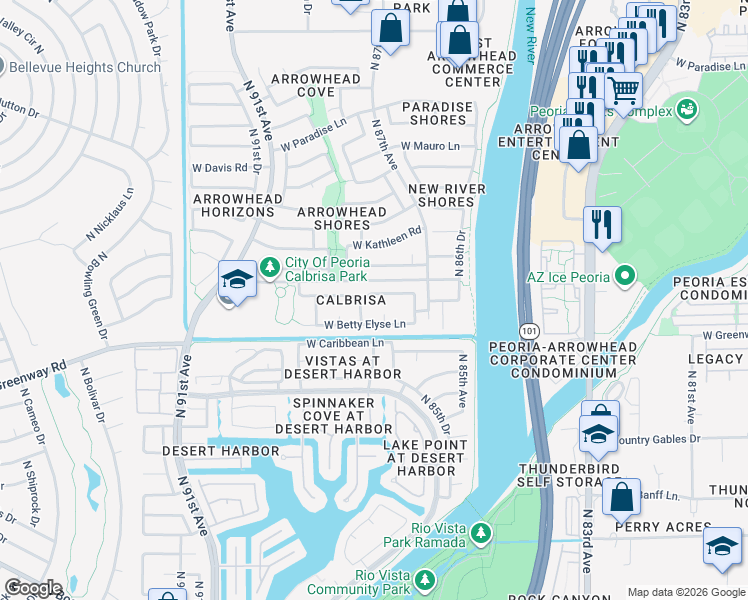 map of restaurants, bars, coffee shops, grocery stores, and more near 8760 West Betty Elyse Lane in Peoria