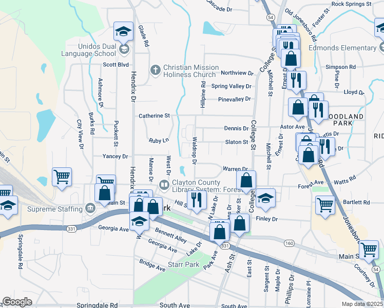 map of restaurants, bars, coffee shops, grocery stores, and more near 4711 Waldrop Drive in Forest Park