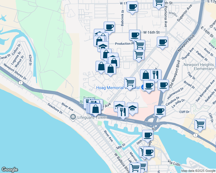 map of restaurants, bars, coffee shops, grocery stores, and more near 18 Gretel Court in Newport Beach