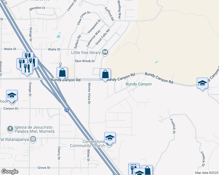 map of restaurants, bars, coffee shops, grocery stores, and more near 34074 Autumn Sage Court in Wildomar