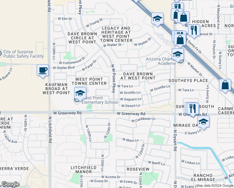 map of restaurants, bars, coffee shops, grocery stores, and more near 15642 North Naegel Drive in Surprise
