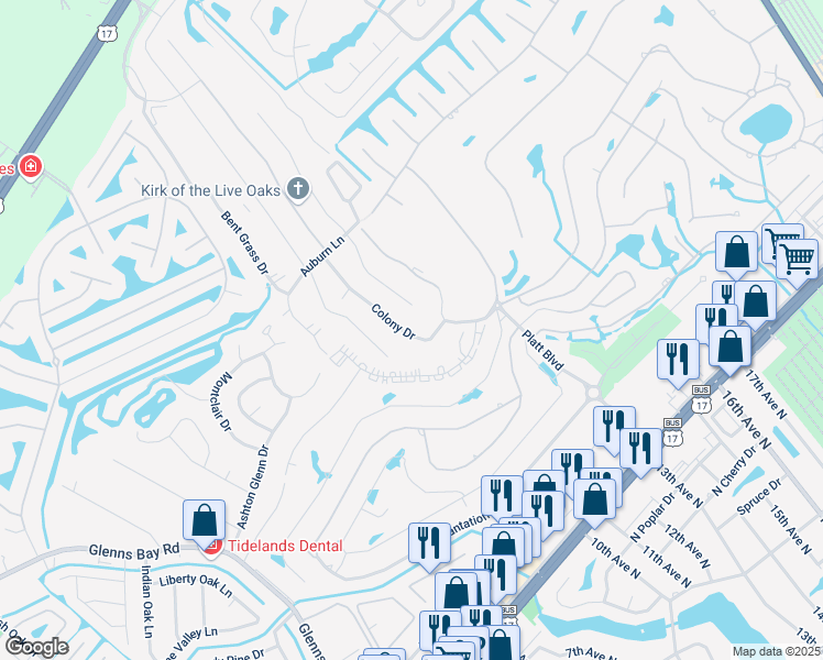 map of restaurants, bars, coffee shops, grocery stores, and more near 2 Colony Drive in Myrtle Beach