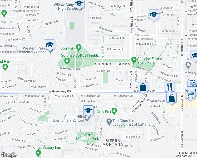 map of restaurants, bars, coffee shops, grocery stores, and more near 15542 North 177th Drive in Surprise