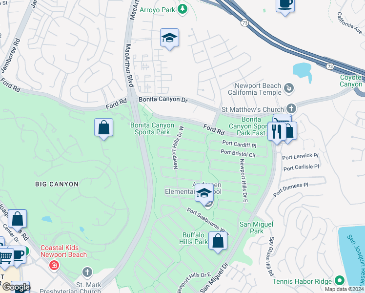 map of restaurants, bars, coffee shops, grocery stores, and more near 1812 Port Margate Place in Newport Beach
