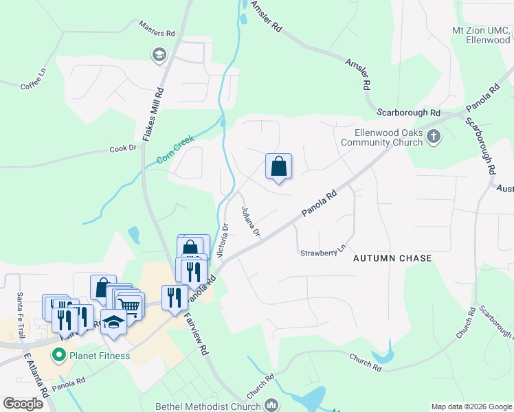 map of restaurants, bars, coffee shops, grocery stores, and more near 11 Juliana Court in Ellenwood