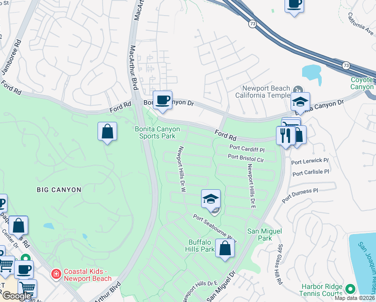 map of restaurants, bars, coffee shops, grocery stores, and more near 1812 Port Margate Place in Newport Beach