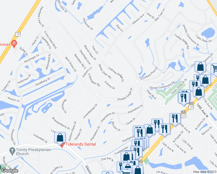map of restaurants, bars, coffee shops, grocery stores, and more near 1851 Colony Drive in Surfside Beach