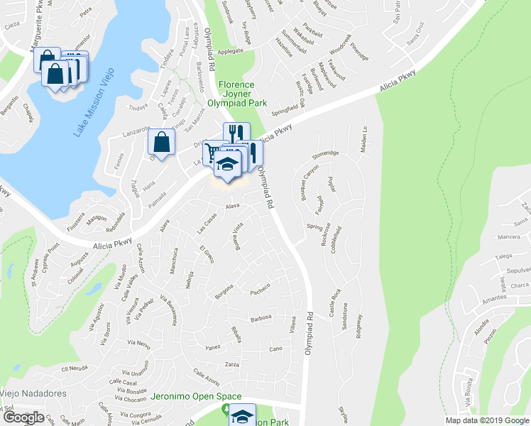 map of restaurants, bars, coffee shops, grocery stores, and more near 23194 Villena in Mission Viejo