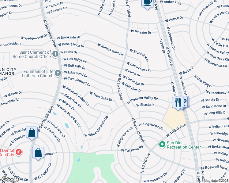 map of restaurants, bars, coffee shops, grocery stores, and more near 10217 West Tumblewood Drive in Sun City