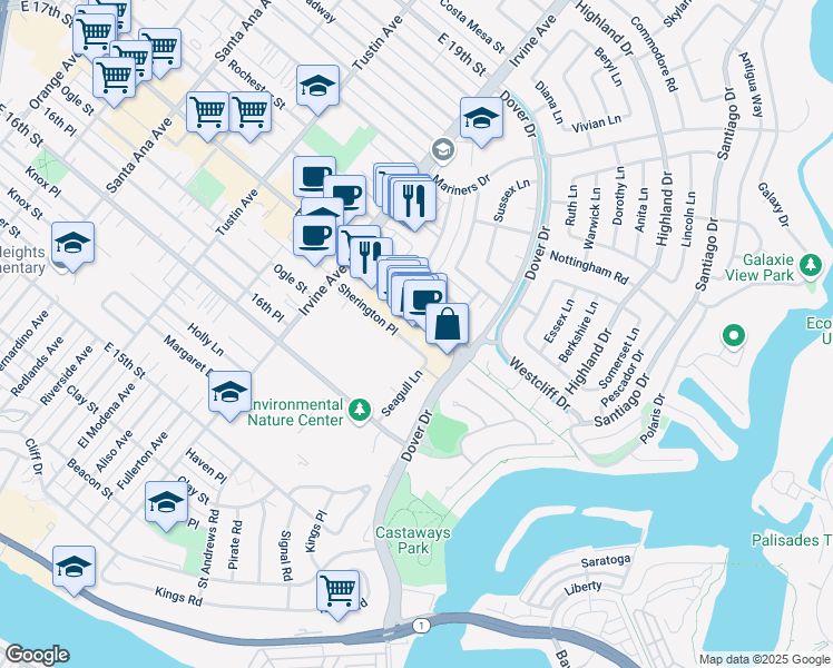 map of restaurants, bars, coffee shops, grocery stores, and more near 1617 Sherington Place in Newport Beach