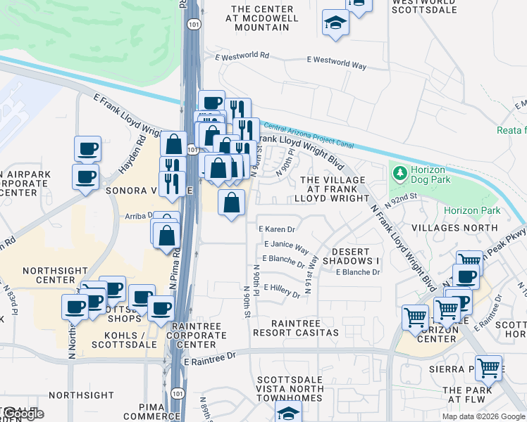 map of restaurants, bars, coffee shops, grocery stores, and more near 15362 North 90th Place in Scottsdale
