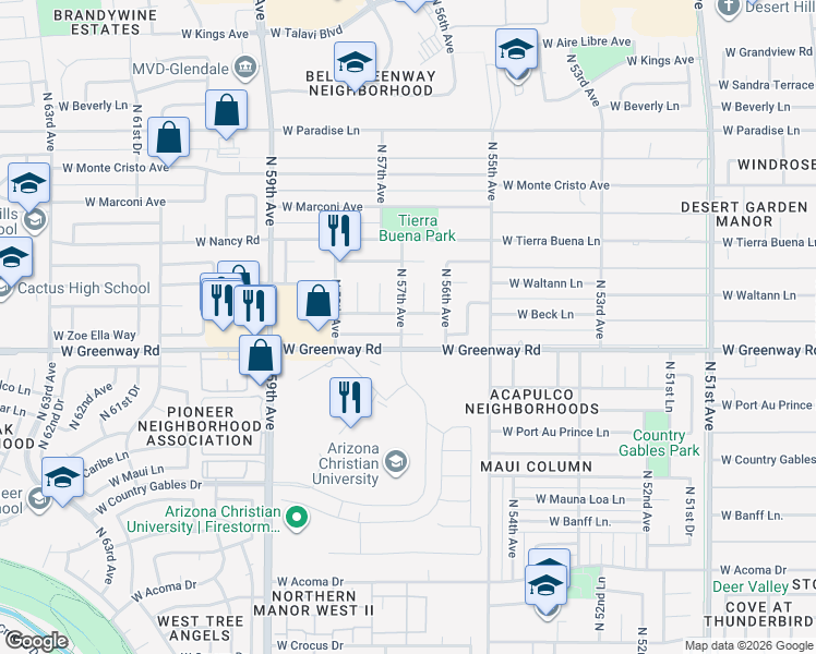 map of restaurants, bars, coffee shops, grocery stores, and more near 6639 West Zoe Ella Way in Glendale