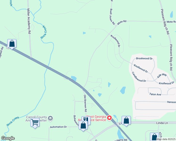 map of restaurants, bars, coffee shops, grocery stores, and more near 144 Mote Road in Carrollton