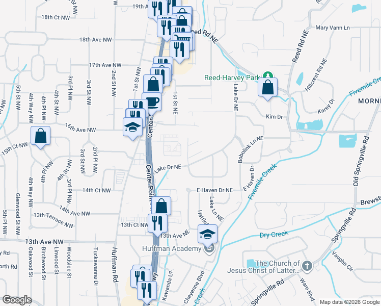 map of restaurants, bars, coffee shops, grocery stores, and more near 1705 Lake Park Circle in Center Point