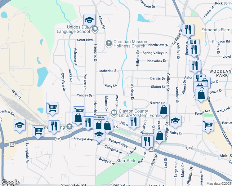 map of restaurants, bars, coffee shops, grocery stores, and more near 686 West Warren Drive in Forest Park