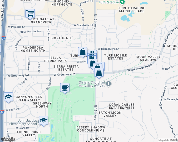 map of restaurants, bars, coffee shops, grocery stores, and more near 1924 West Greenway Road in Phoenix