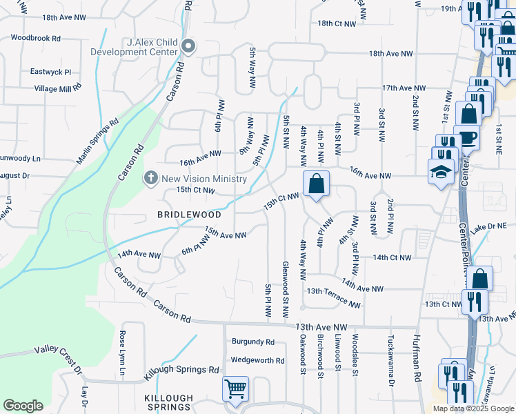 map of restaurants, bars, coffee shops, grocery stores, and more near 516 15th Court Northwest in Center Point