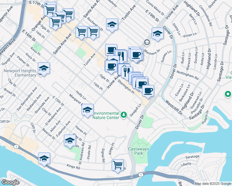 map of restaurants, bars, coffee shops, grocery stores, and more near 820 Irvine Avenue in Newport Beach