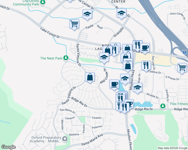 map of restaurants, bars, coffee shops, grocery stores, and more near 22531 Caminito Esteban in Laguna Hills