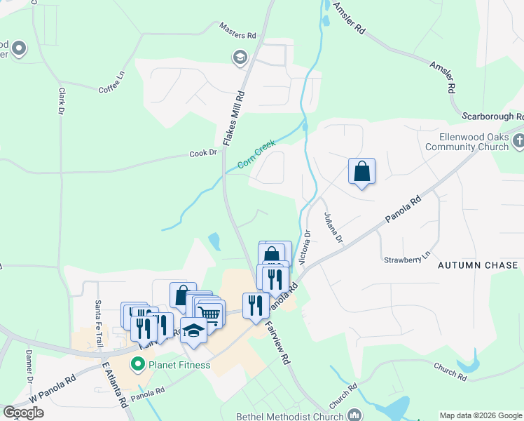 map of restaurants, bars, coffee shops, grocery stores, and more near 5478 Flakesmill Road in Ellenwood