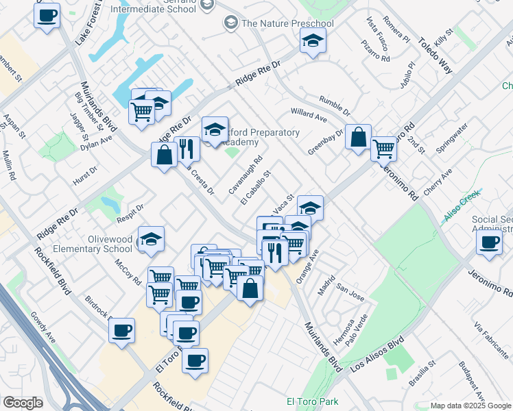 map of restaurants, bars, coffee shops, grocery stores, and more near 23141 Tulip Street in Lake Forest