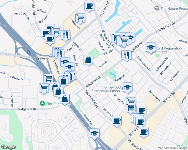 map of restaurants, bars, coffee shops, grocery stores, and more near 24021 Carmel Drive in Lake Forest