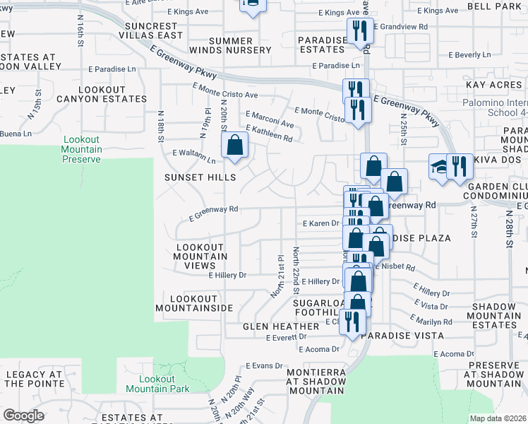 map of restaurants, bars, coffee shops, grocery stores, and more near 2118 East Karen Drive in Phoenix
