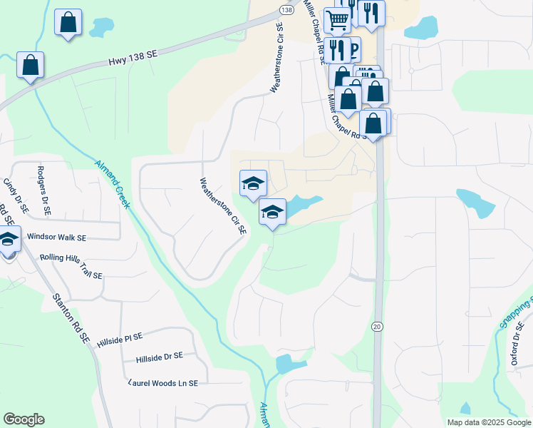 map of restaurants, bars, coffee shops, grocery stores, and more near 2448 Lennox Road Southeast in Conyers
