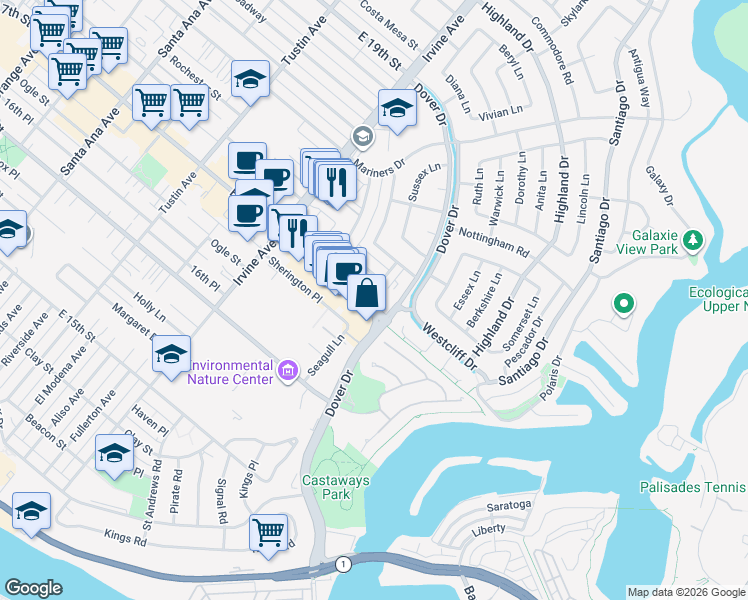 map of restaurants, bars, coffee shops, grocery stores, and more near 1506 Westcliff Drive in Newport Beach