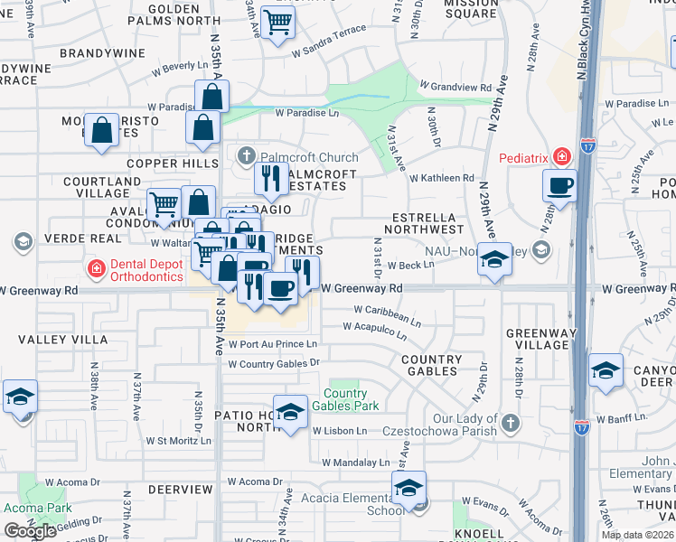 map of restaurants, bars, coffee shops, grocery stores, and more near 3220 West Greenway Road in Phoenix