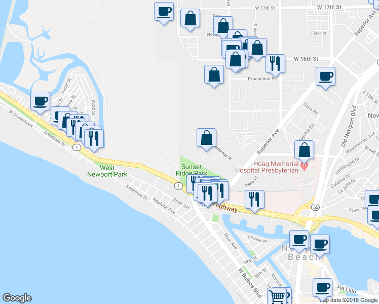 map of restaurants, bars, coffee shops, grocery stores, and more near 8 Ima Loa Court in Newport Beach