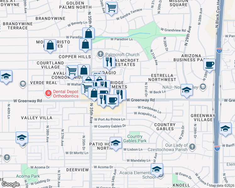 map of restaurants, bars, coffee shops, grocery stores, and more near 3250 West Greenway Road in Phoenix