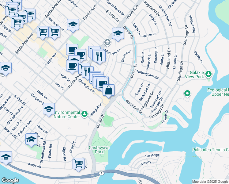 map of restaurants, bars, coffee shops, grocery stores, and more near 1504 Westcliff Drive in Newport Beach