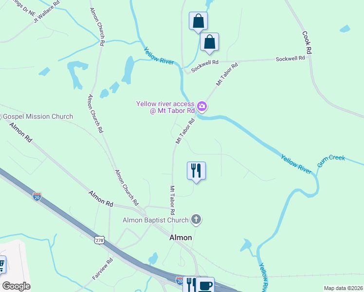 map of restaurants, bars, coffee shops, grocery stores, and more near 246 Mount Tabor Road in Covington