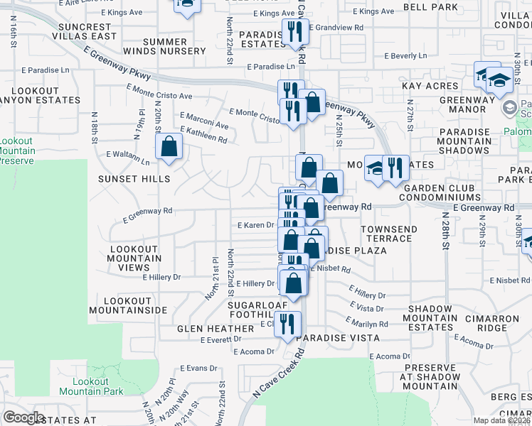map of restaurants, bars, coffee shops, grocery stores, and more near 2238 East Karen Drive in Phoenix