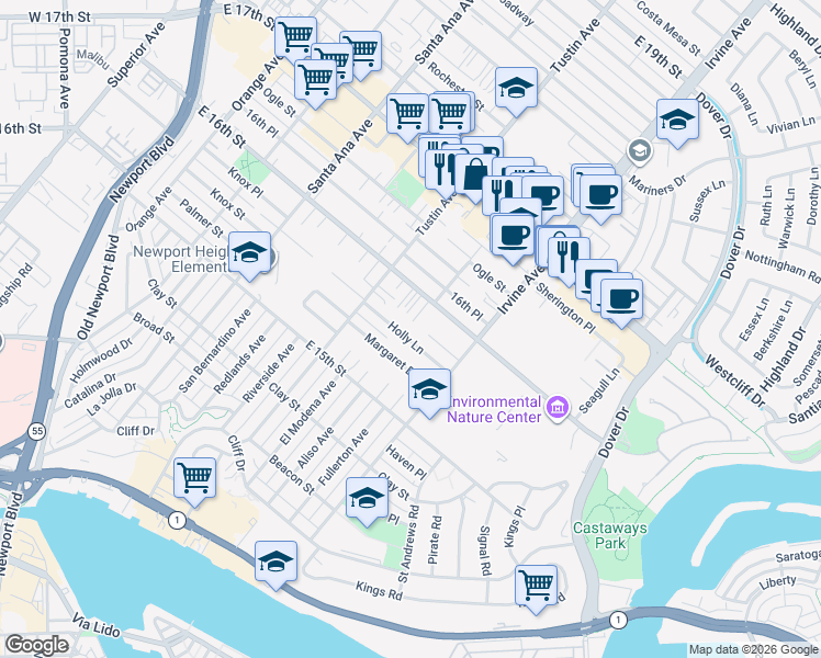 map of restaurants, bars, coffee shops, grocery stores, and more near 2400 Holly Lane in Newport Beach