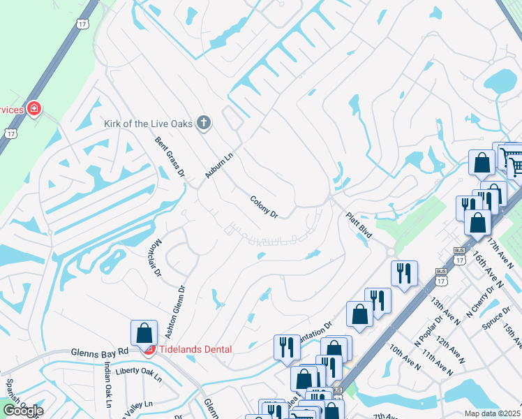 map of restaurants, bars, coffee shops, grocery stores, and more near 1851 Colony Drive in Myrtle Beach