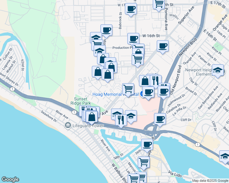 map of restaurants, bars, coffee shops, grocery stores, and more near 1401 Superior Avenue in Newport Beach