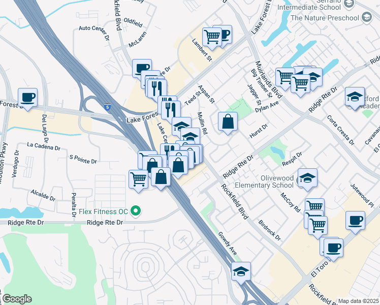 map of restaurants, bars, coffee shops, grocery stores, and more near 23822 Mercury Road in Lake Forest