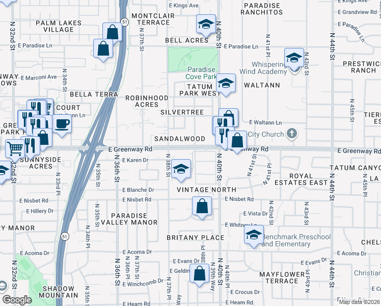 map of restaurants, bars, coffee shops, grocery stores, and more near 3801 East Greenway Road in Phoenix