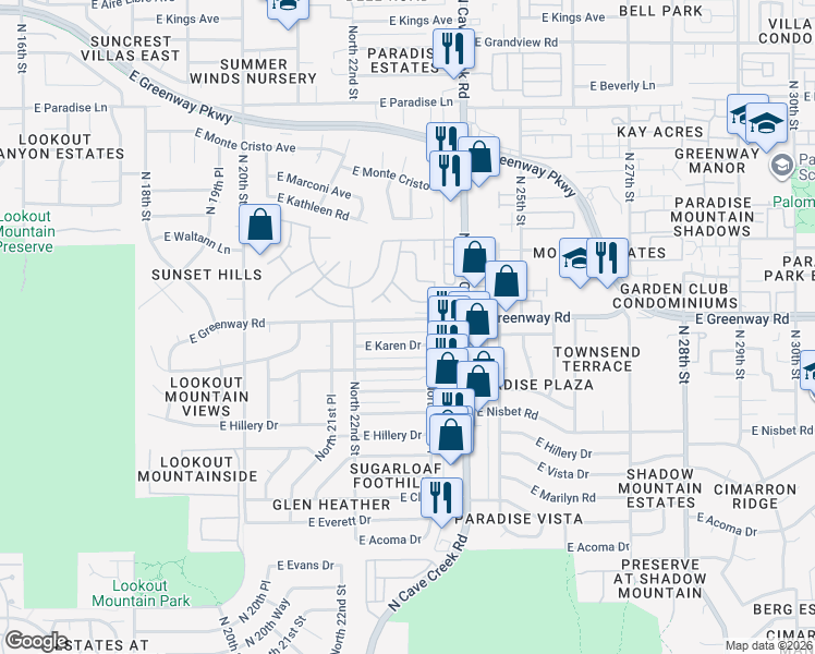 map of restaurants, bars, coffee shops, grocery stores, and more near 2238 East Karen Drive in Phoenix